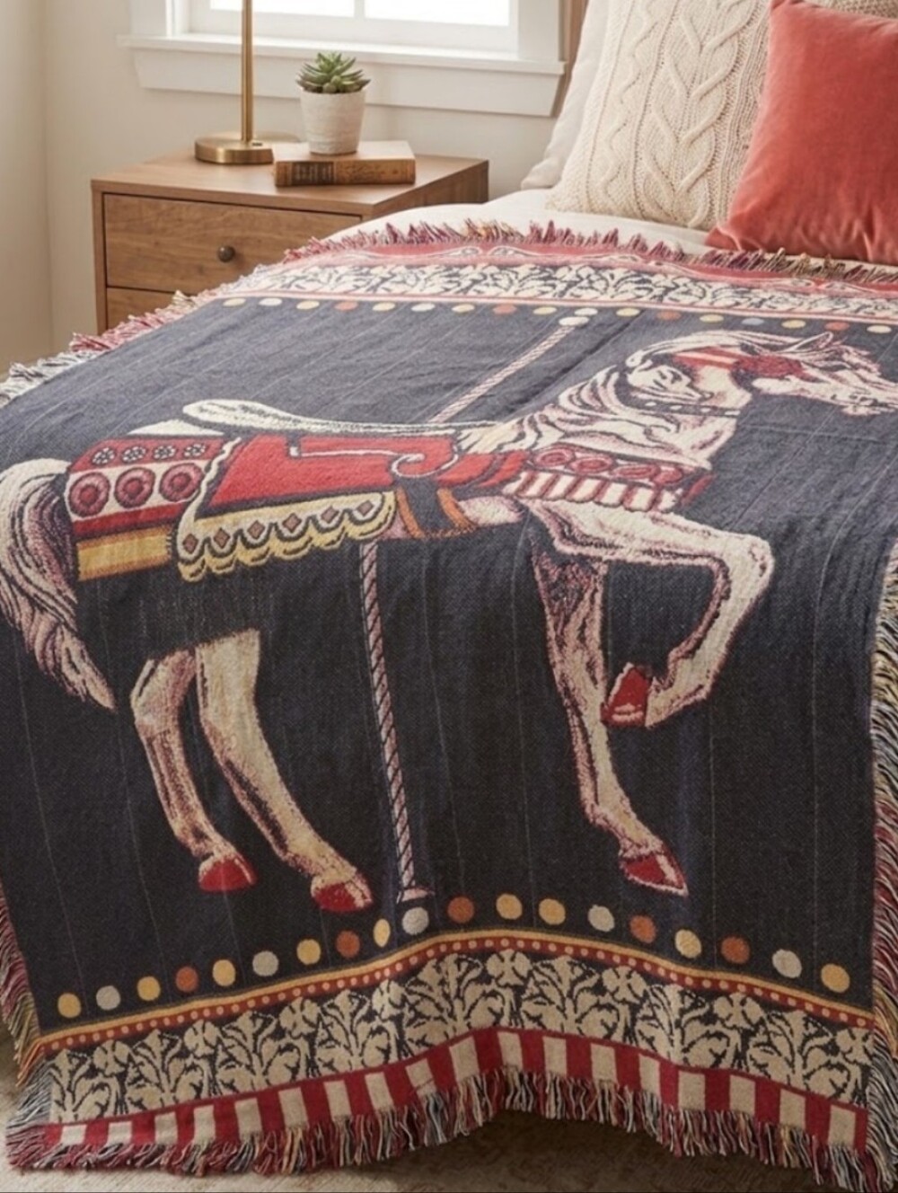 Carousel Horse Woven Fringe Tapestry Throw Blanket Reversible 44x60